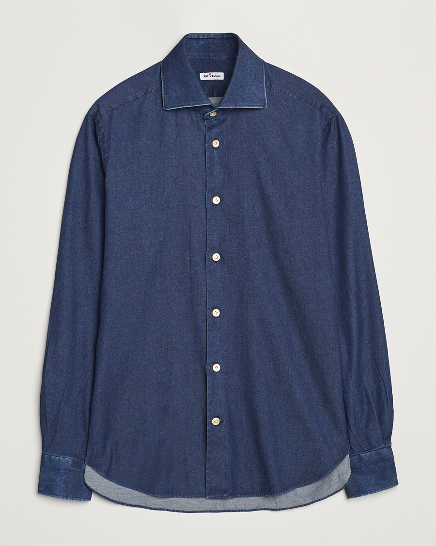 Herre | Skjorter | Kiton | Stretch Denim Cut Away Shirt Blue Indigo