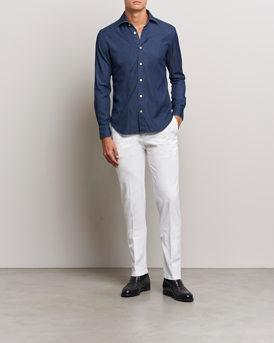 Herre | Skjorter | Kiton | Stretch Denim Cut Away Shirt Blue Indigo
