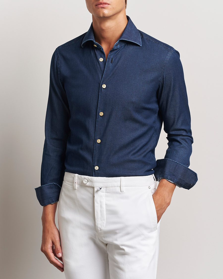 Herre | Skjorter | Kiton | Stretch Denim Cut Away Shirt Blue Indigo