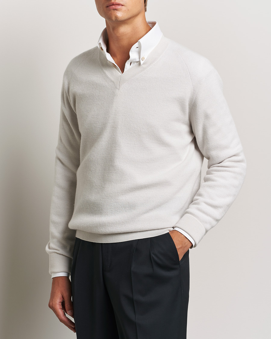 Herre | Trøjer | Brioni | Rib Cashmere V-Neck Sweater Light Grey