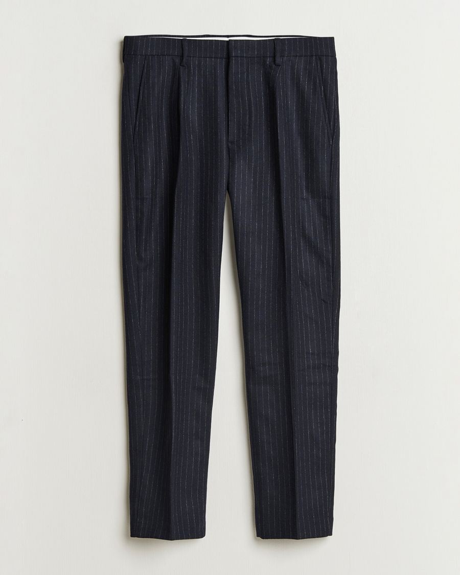 Herre | Bukser | NN07 | Bill Wool Pleated Trousers Navy Blue Pinstripe