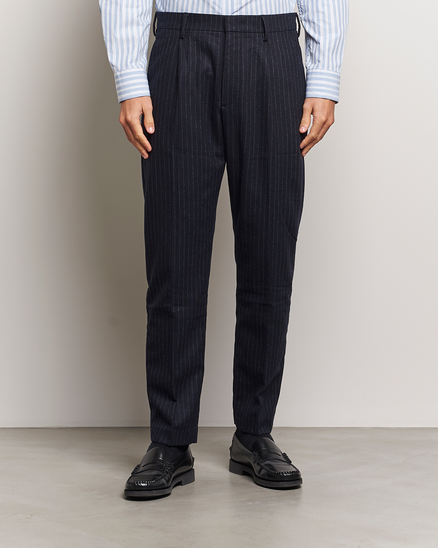 Herre | Bukser | NN07 | Bill Wool Pleated Trousers Navy Blue Pinstripe