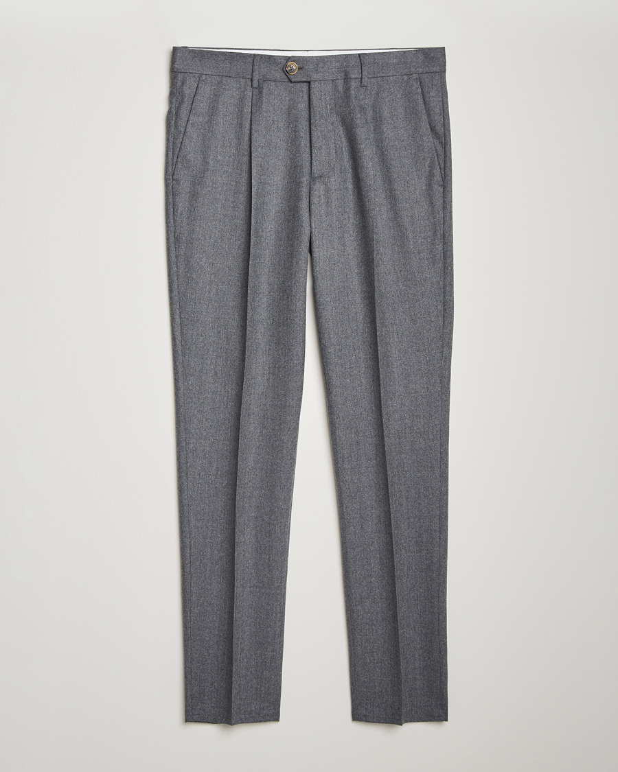 Herre | Bukser | Brunello Cucinelli | Slim Fit Pleated Flannel Trousers Grey Melange