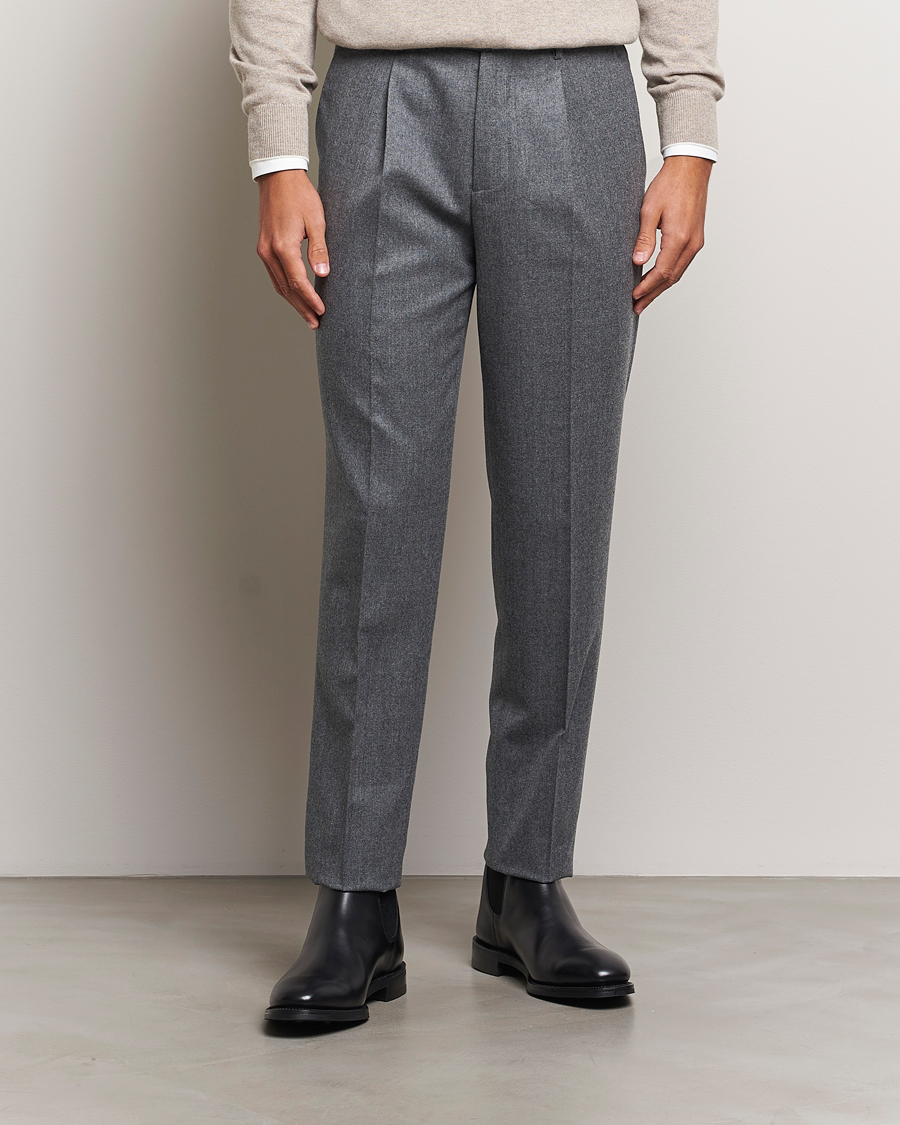 Herre | Bukser | Brunello Cucinelli | Slim Fit Pleated Flannel Trousers Grey Melange