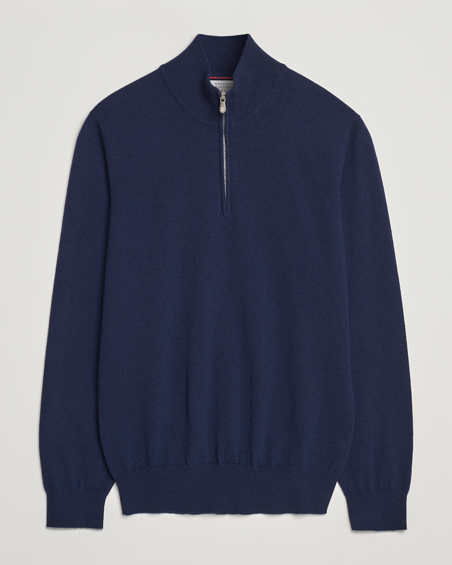 Herre | Trøjer | Brunello Cucinelli | 2 Ply Cashmere Half Zip Navy