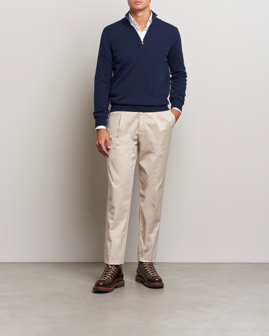 Herre | Trøjer | Brunello Cucinelli | 2 Ply Cashmere Half Zip Navy