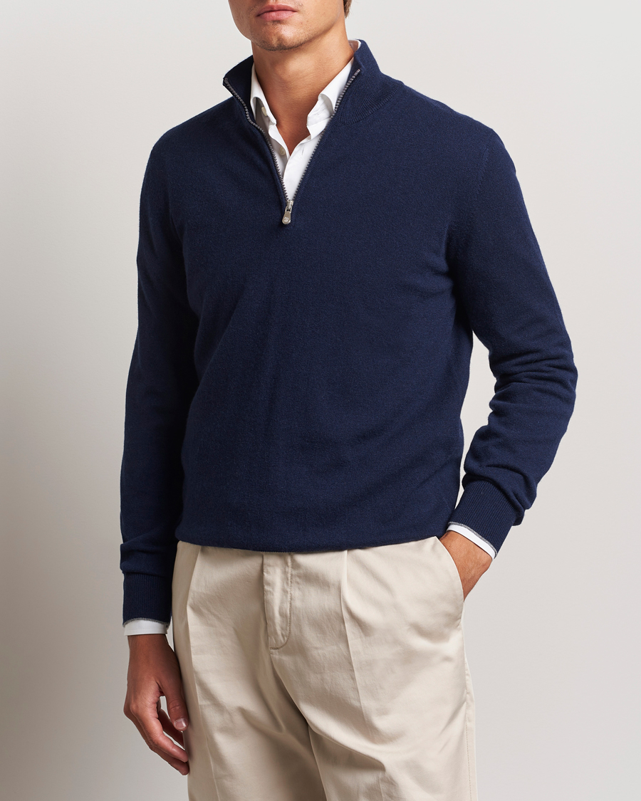 Herre | Trøjer | Brunello Cucinelli | 2 Ply Cashmere Half Zip Navy