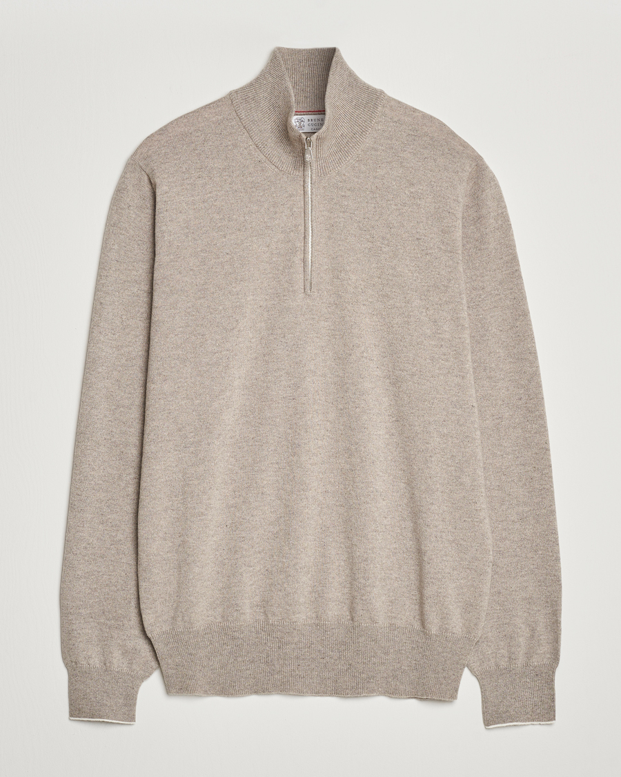 Herre | Trøjer | Brunello Cucinelli | 2 Ply Cashmere Half Zip Beige
