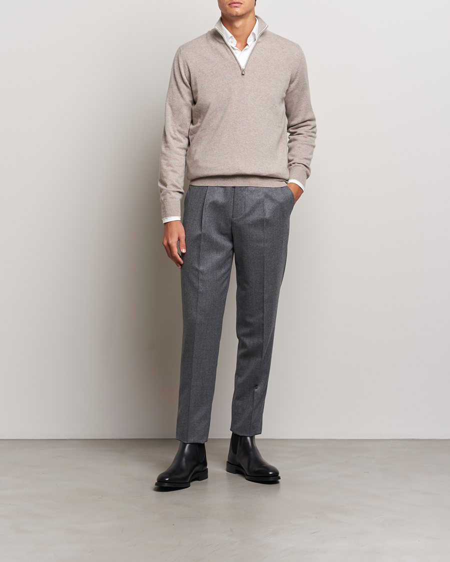 Herre | Trøjer | Brunello Cucinelli | 2 Ply Cashmere Half Zip Beige