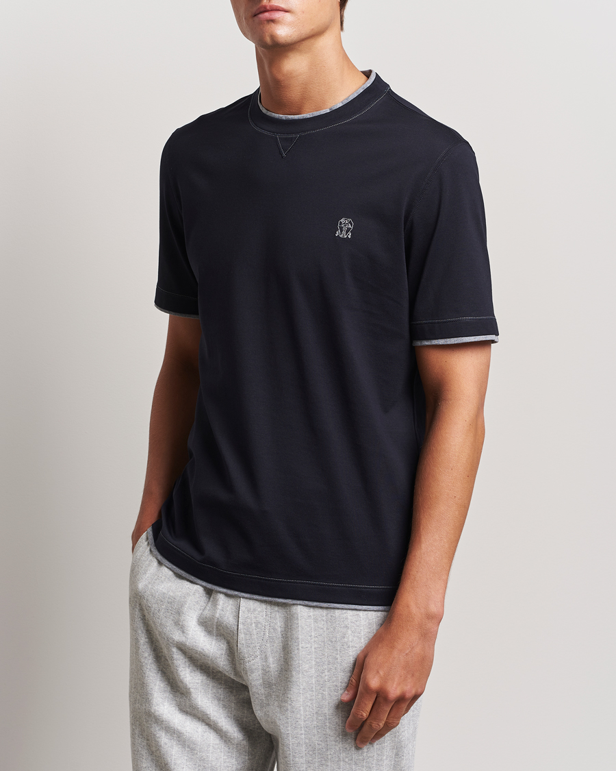 Herre | T-Shirts | Brunello Cucinelli | Short Sleeve Logo T-Shirt Navy