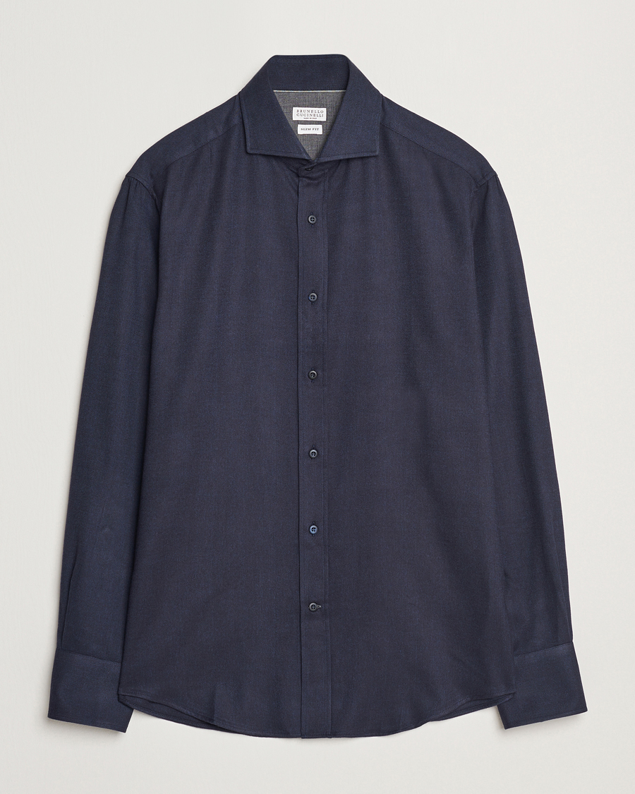 Herre | Skjorter | Brunello Cucinelli | Slim Fit Flannel Shirt Navy