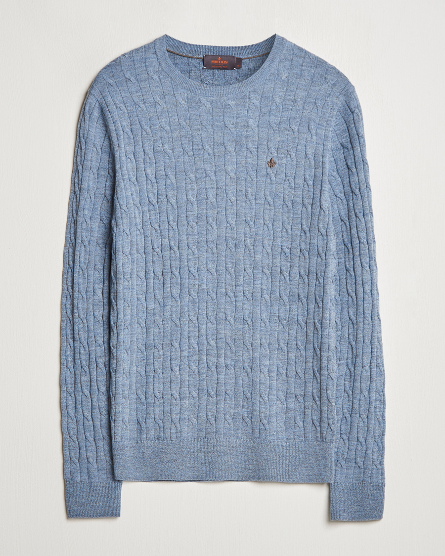 Herre | Trøjer | Morris | Merino Cable O-Neck Light Blue