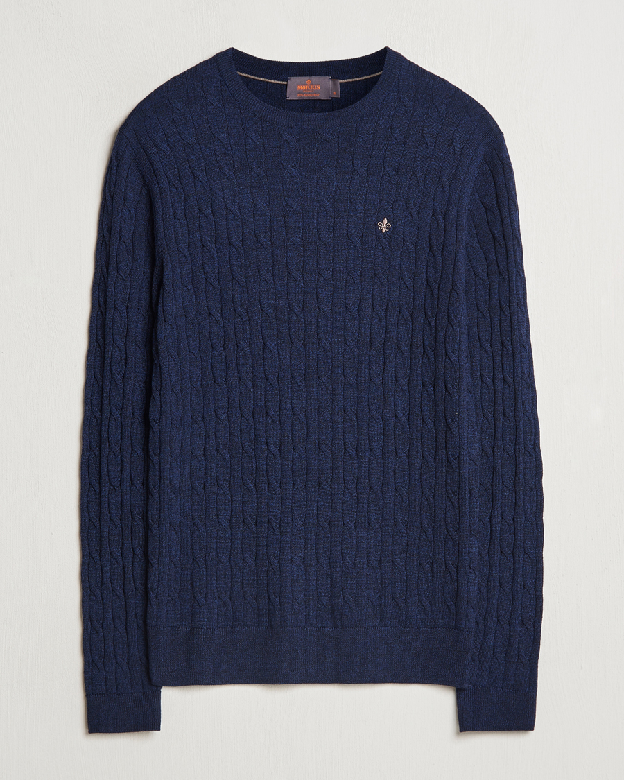 Herre | Trøjer | Morris | Merino Cable O-Neck Blue