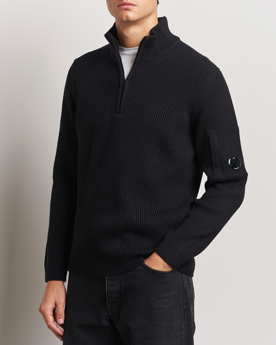 Herre | Trøjer | C.P. Company | Full Rib Knitted Cotton Half Zip Black