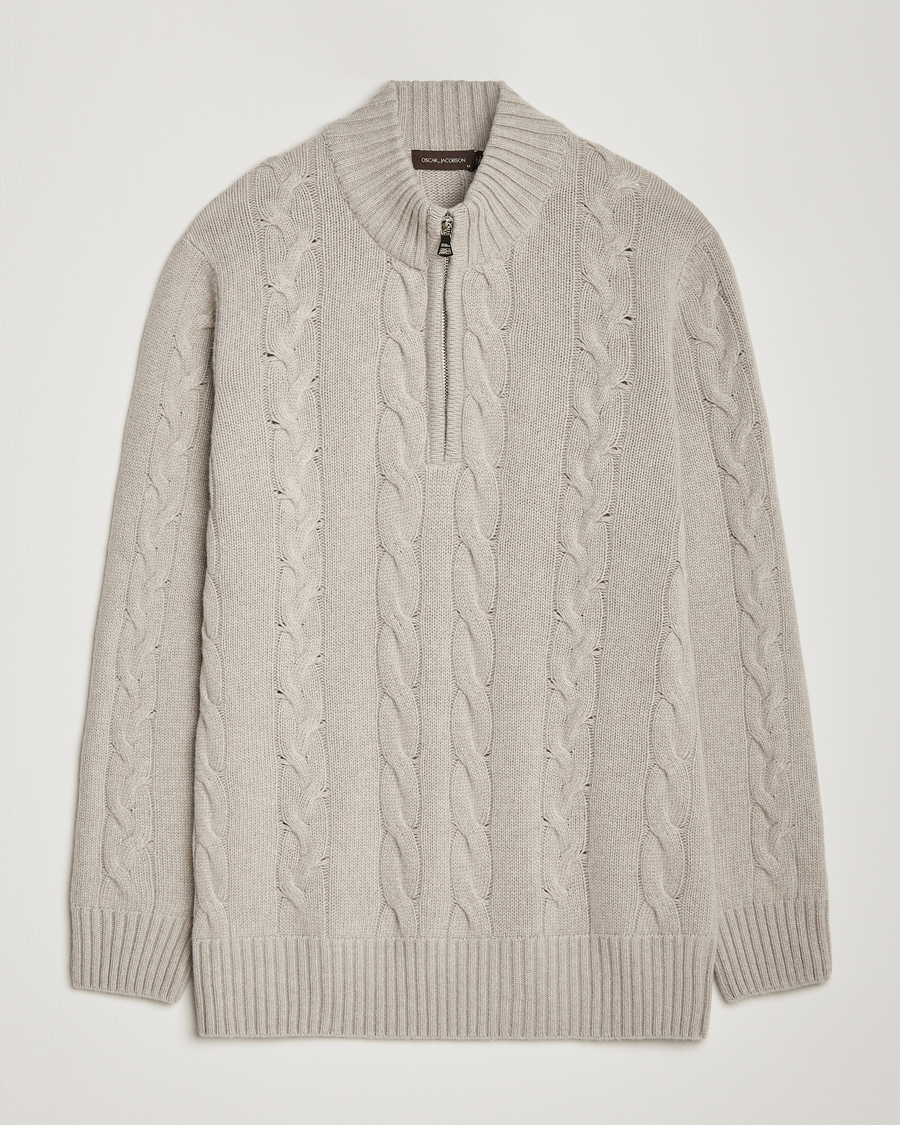 Herre | Trøjer | Oscar Jacobson | Reine Heavy Cable Knitted Half Zip Beige