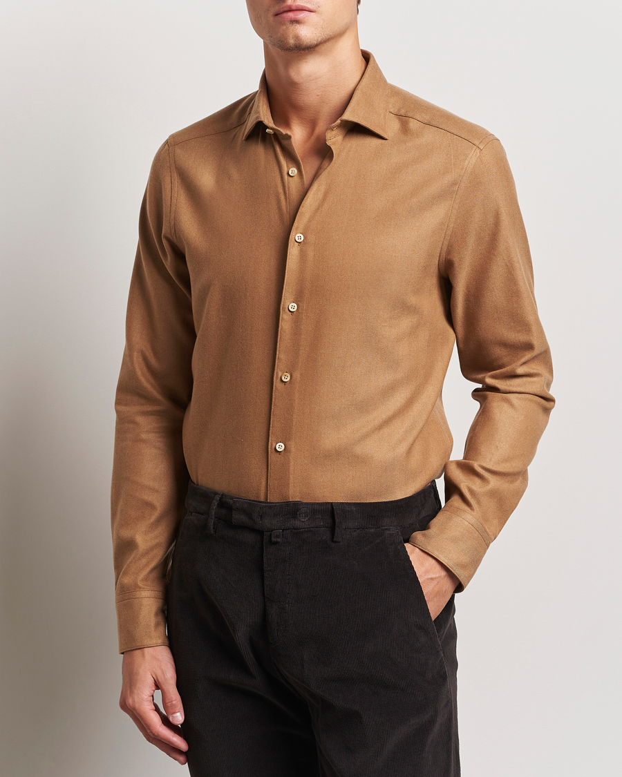 Herre | Skjorter | Stenströms | Slimline Brushed Cotton/Lyocell Cut Away Shirt Brown