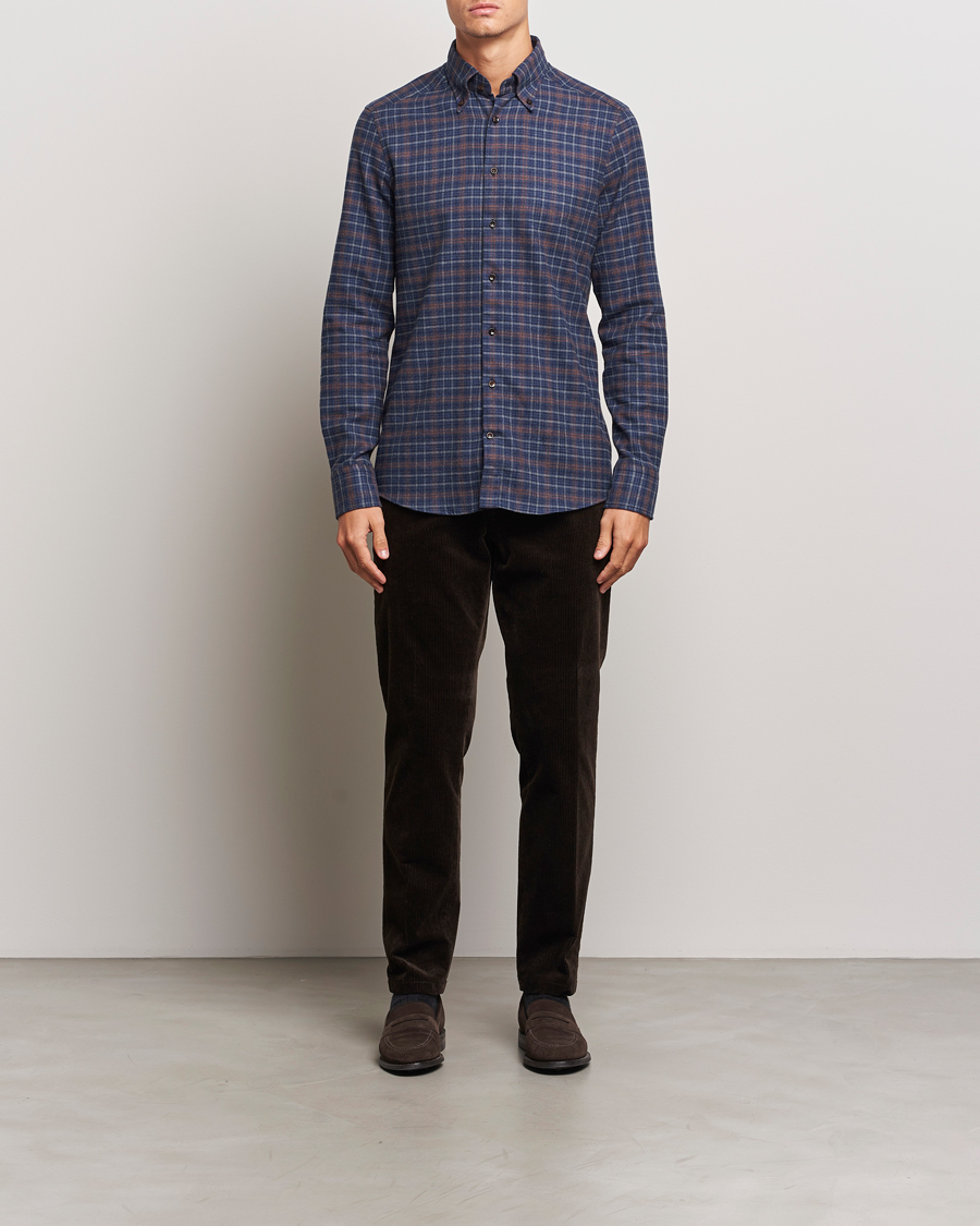 Herre | Skjorter | Stenströms | Slimline Small Check Flannel Shirt Dark Blue