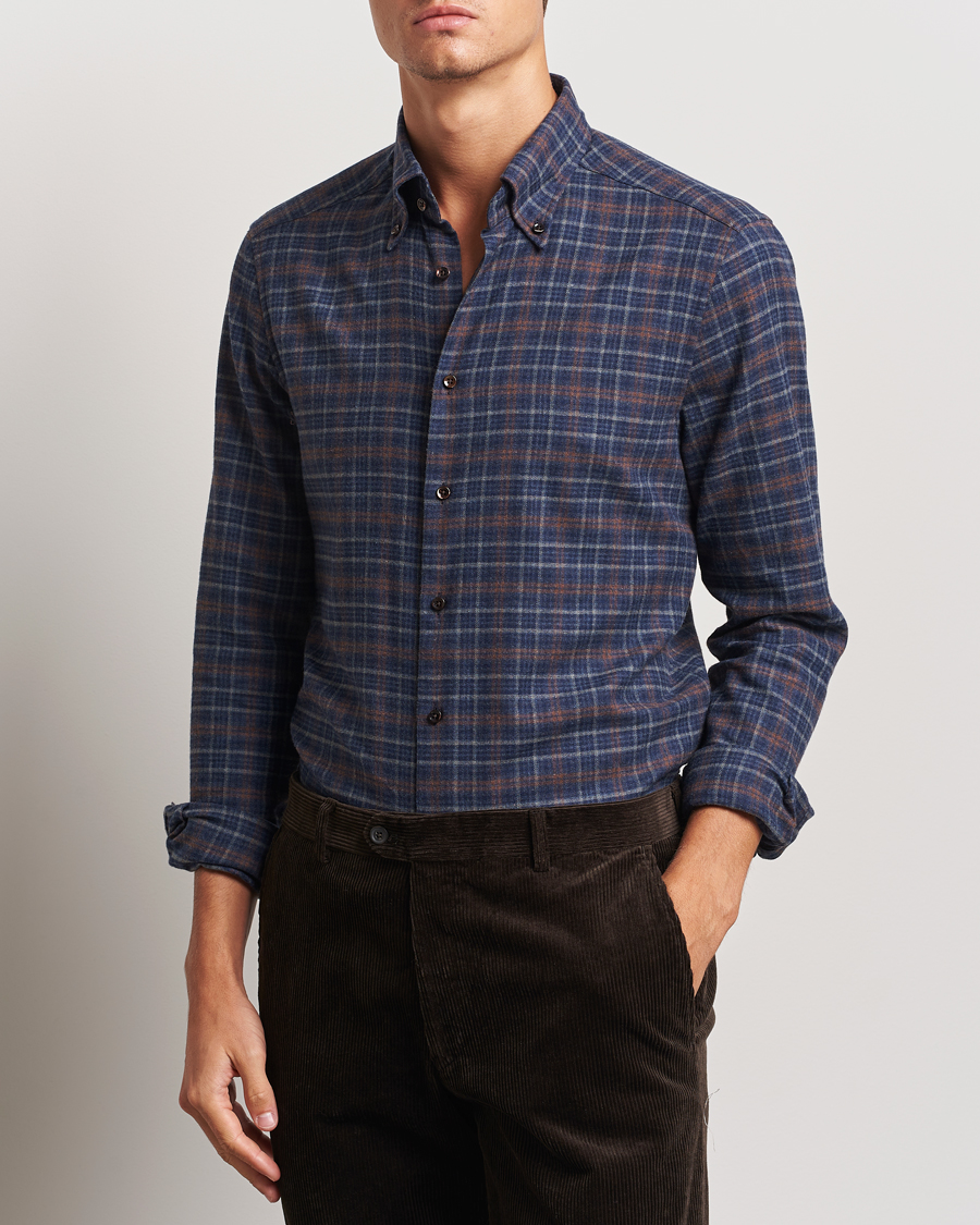 Herre | Skjorter | Stenströms | Slimline Small Check Flannel Shirt Dark Blue