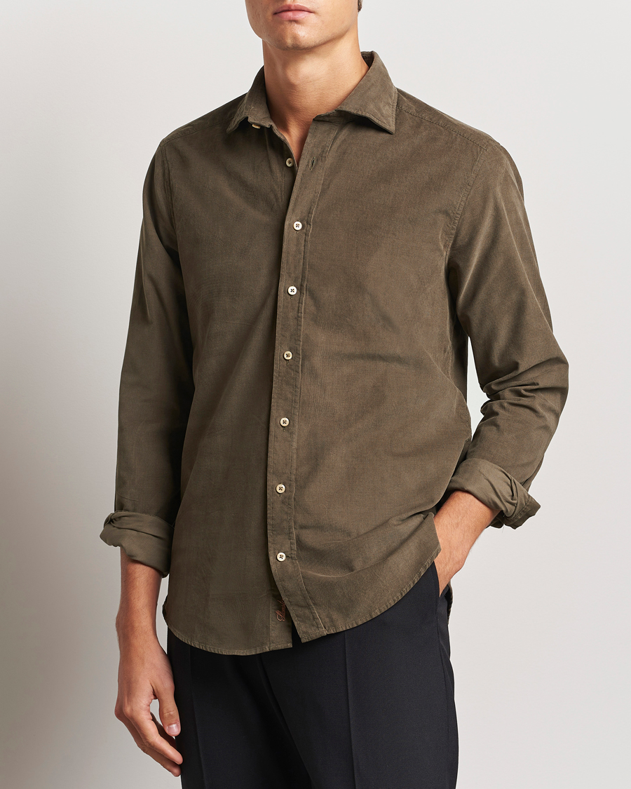 Herre | Skjorter | Stenströms | Slimline Cut Away Cord Shirt Dark Green