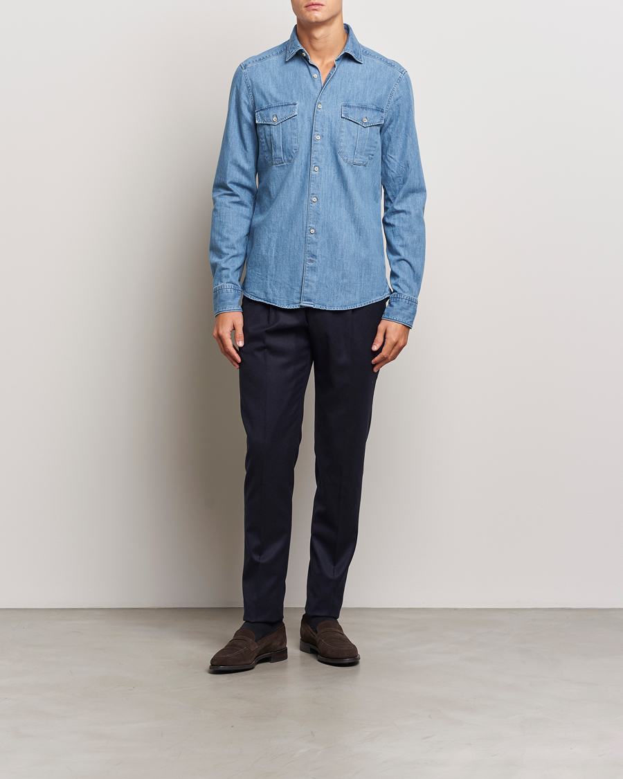 Herre | Skjorter | Stenströms | Slimline Double Pocket Denim Shirt Blue