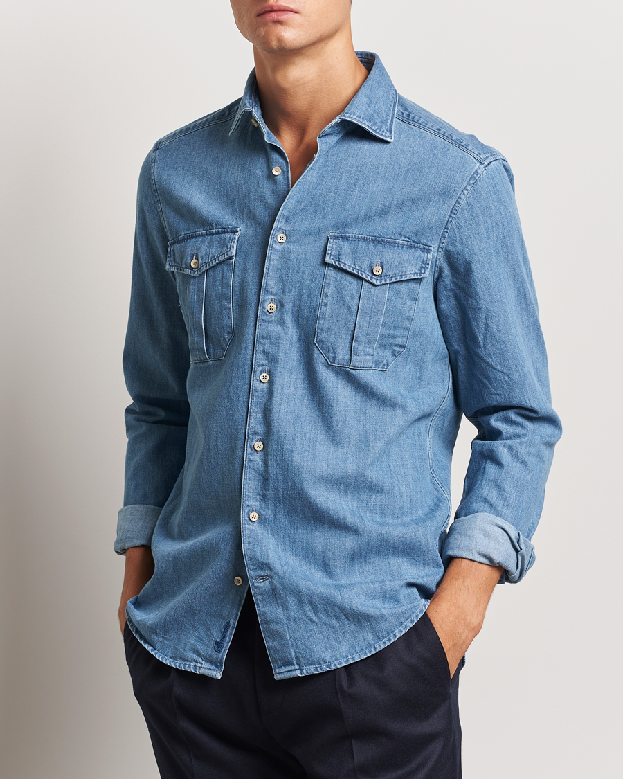 Herre | Skjorter | Stenströms | Slimline Double Pocket Denim Shirt Blue