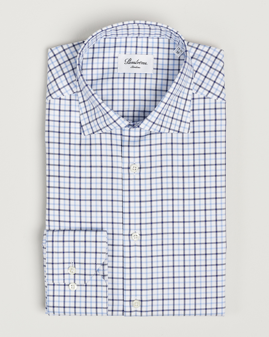 Herre | Skjorter | Stenströms | Slimline Small Checked Cut Away Shirt Blue