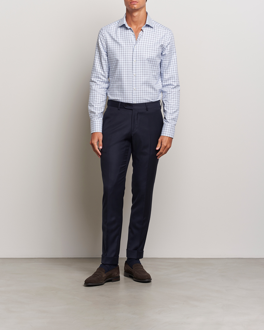 Herre | Skjorter | Stenströms | Slimline Small Checked Cut Away Shirt Blue