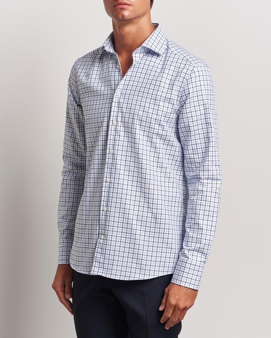Herre | Skjorter | Stenströms | Slimline Small Checked Cut Away Shirt Blue