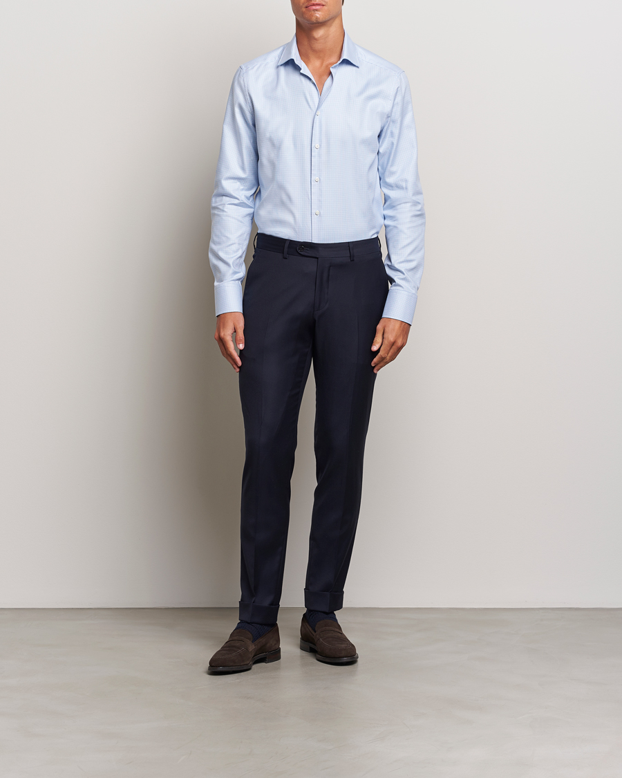 Herre | Skjorter | Stenströms | Slimline Houndstooth Cut Away Shirt Light Blue