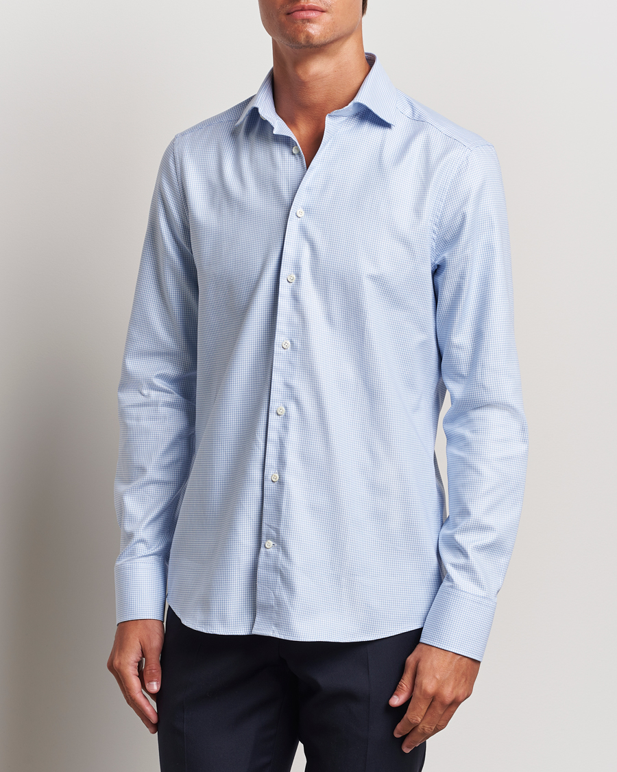 Herre | Skjorter | Stenströms | Slimline Houndstooth Cut Away Shirt Light Blue