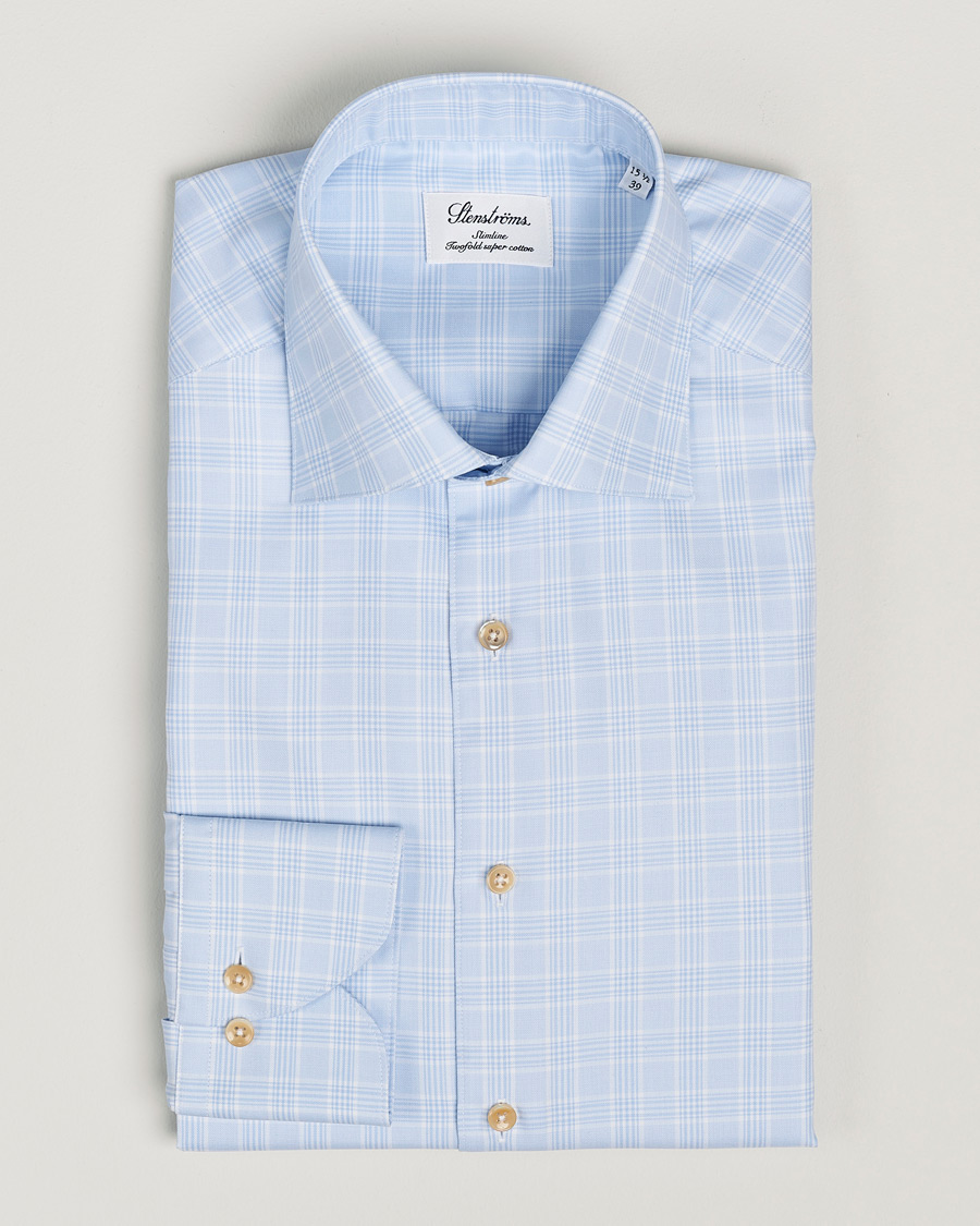 Herre | Skjorter | Stenströms | Slimline Checked Twill Cut Away Shirt Light Blue