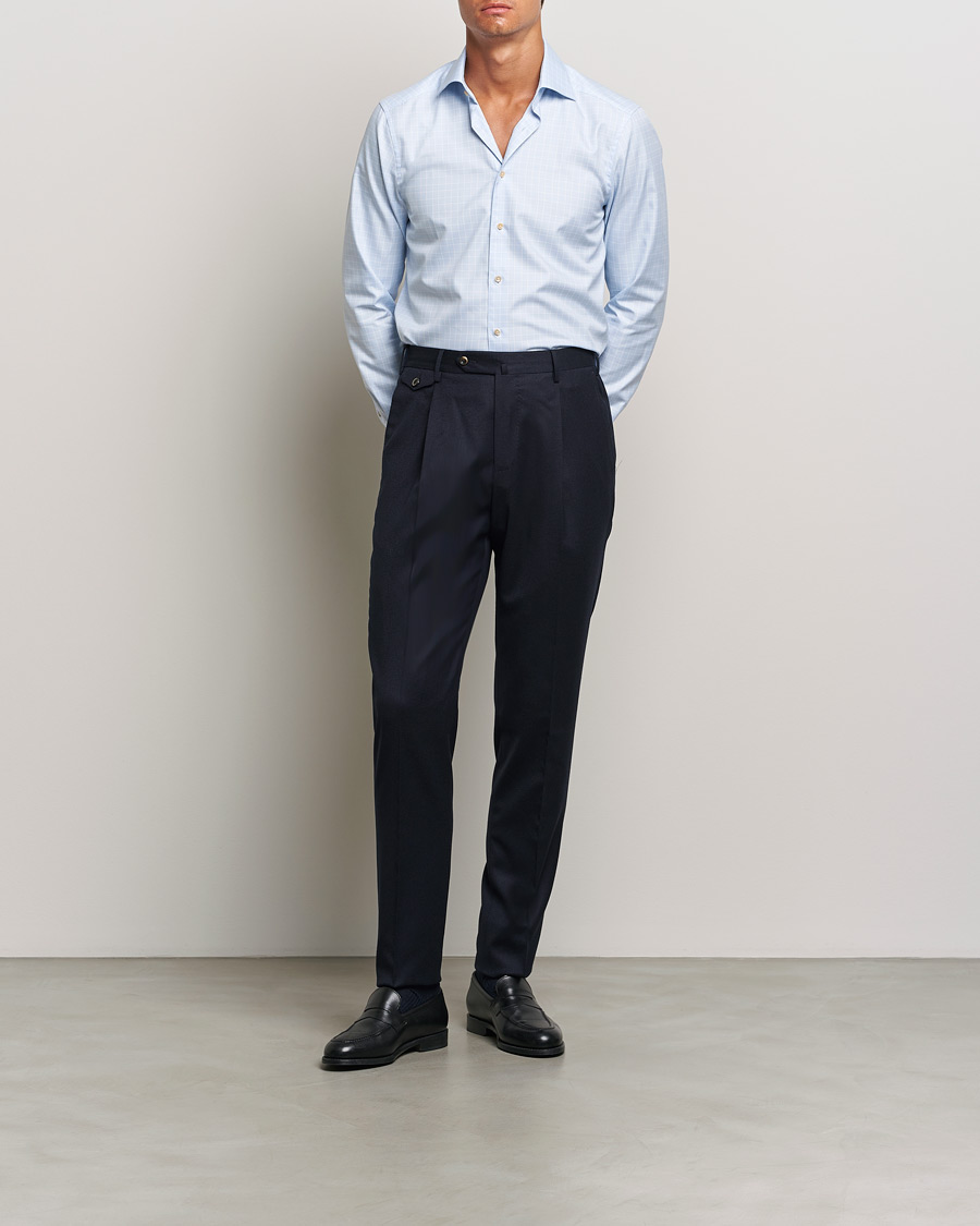 Herre | Skjorter | Stenströms | Slimline Checked Twill Cut Away Shirt Light Blue
