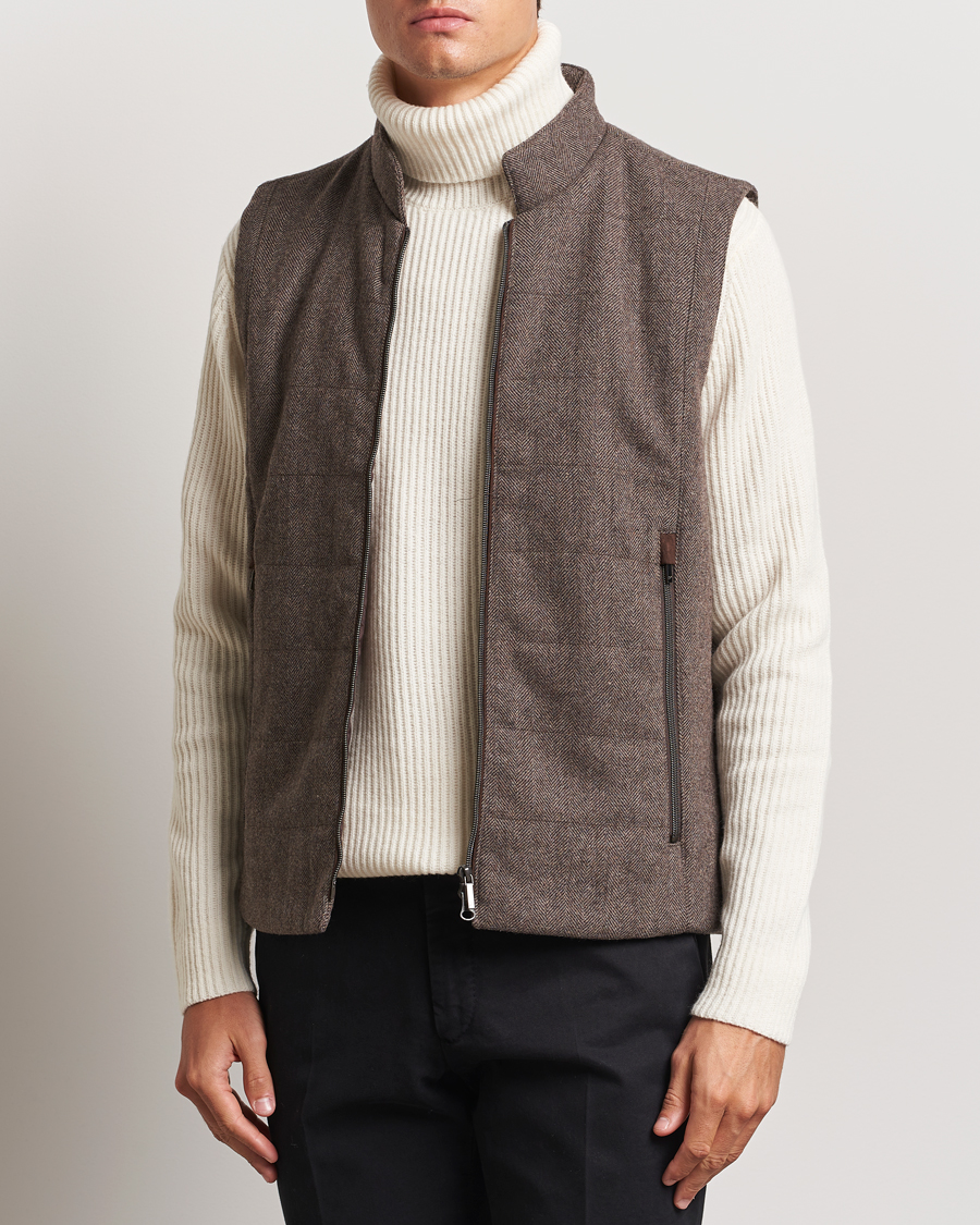 Herre | Jakker | Stenströms | Alcantara Detail Herringbone Wool Vest Dark Brown