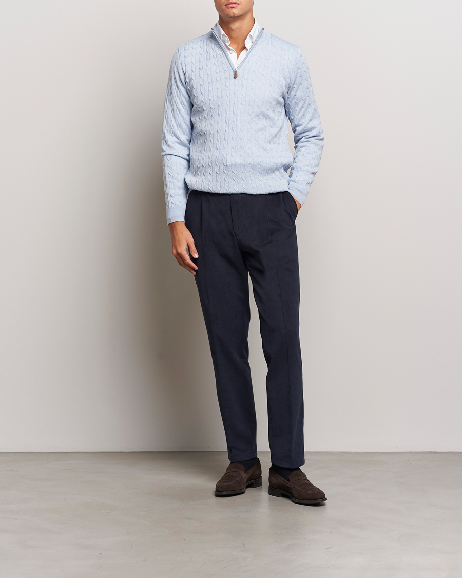 Herre | Trøjer | Stenströms | Merino Cable Half Zip Light Blue