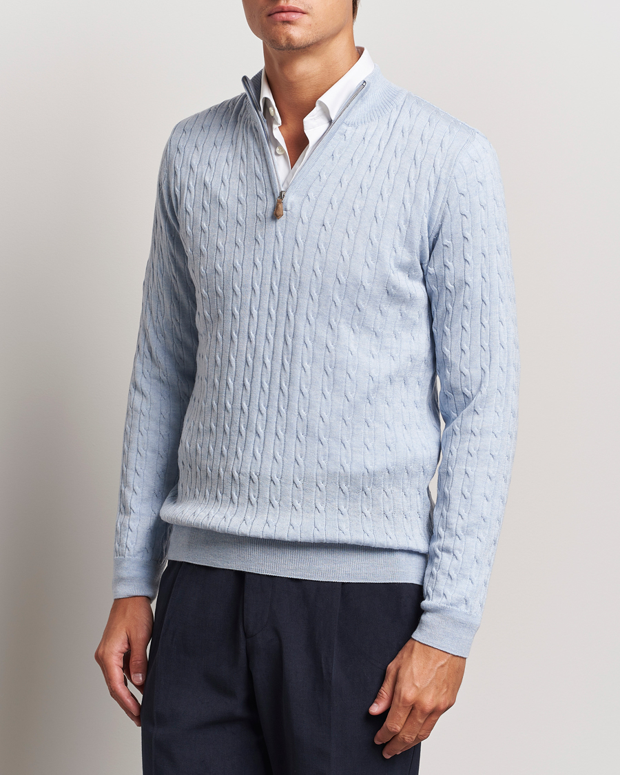 Herre | Trøjer | Stenströms | Merino Cable Half Zip Light Blue