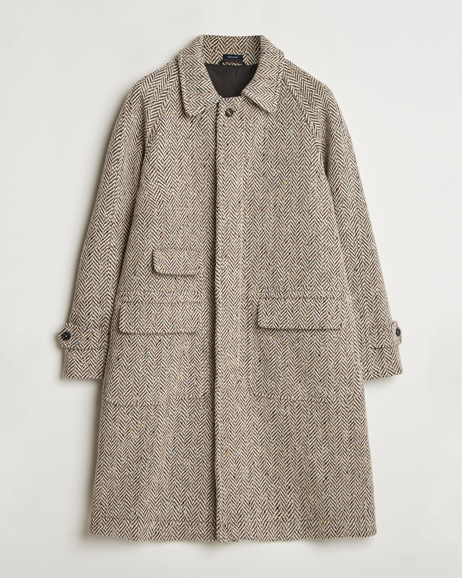 Herre | Jakker | Drake's | Herringbone Tweed Raglan Coat Oat Fleck