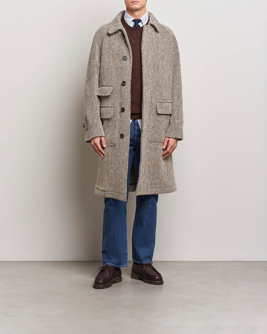 Herre | Jakker | Drake's | Herringbone Tweed Raglan Coat Oat Fleck