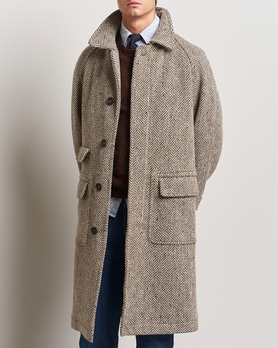Herre | Jakker | Drake's | Herringbone Tweed Raglan Coat Oat Fleck