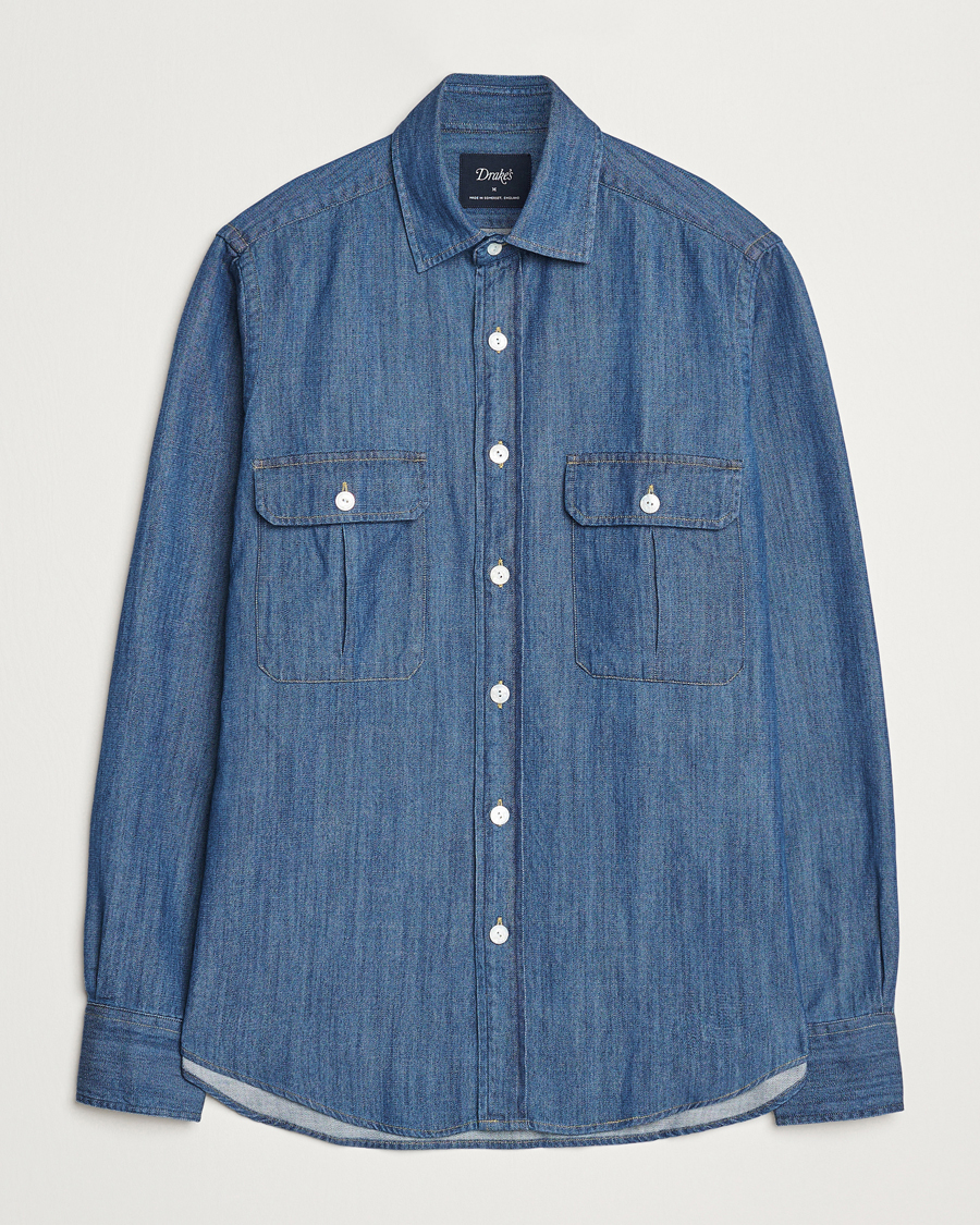 Herre | Skjorter | Drake's | Denim Cotton Two Pocket Work Shirt Blue