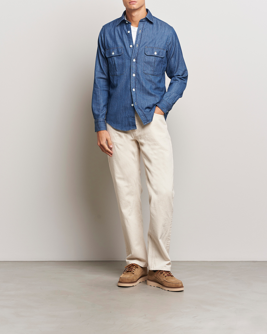 Herre | Skjorter | Drake's | Denim Cotton Two Pocket Work Shirt Blue