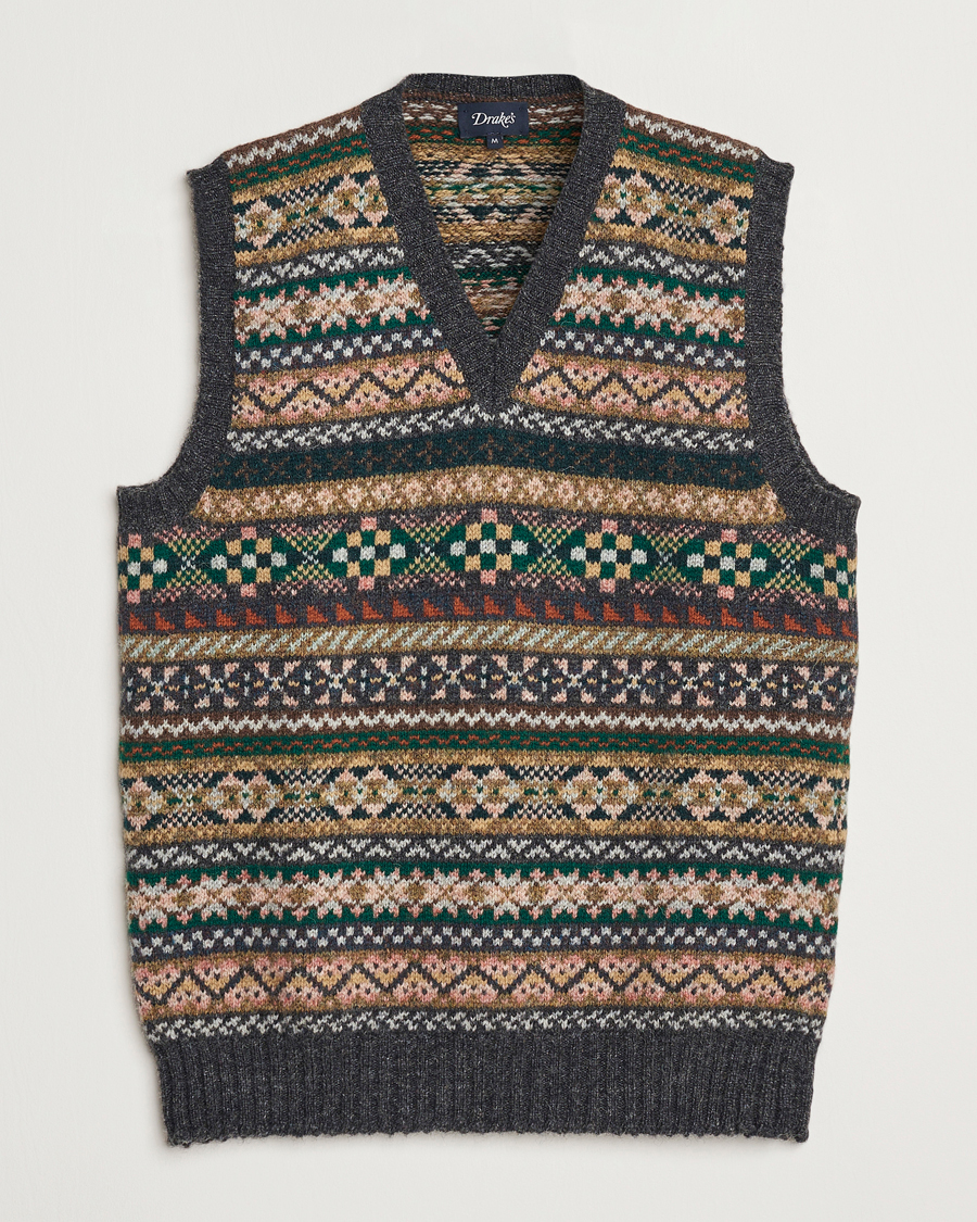 Herre | Trøjer | Drake's | Fairisle Wool Vest Purple Multi