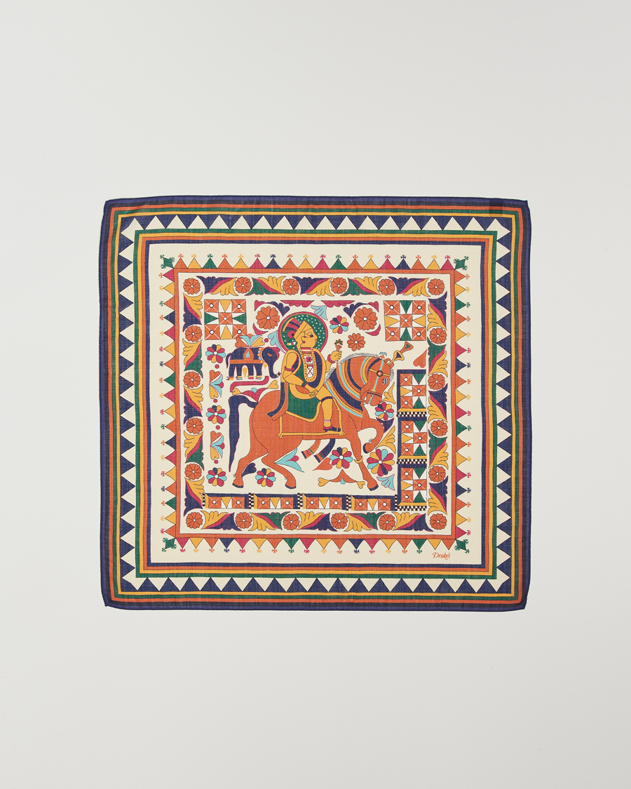 Herre | Drake's Maharaja Print Wool/Silk Bandana Navy/Yellow | Drake's | Maharaja Print Wool/Silk Bandana Navy/Yellow