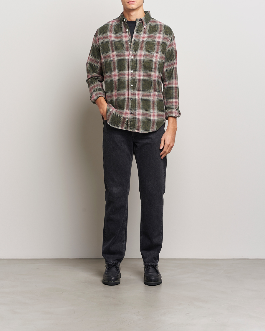 Herre | Skjorter | Gitman Vintage | Button Down Brushed Flannel Shirt Olive Check