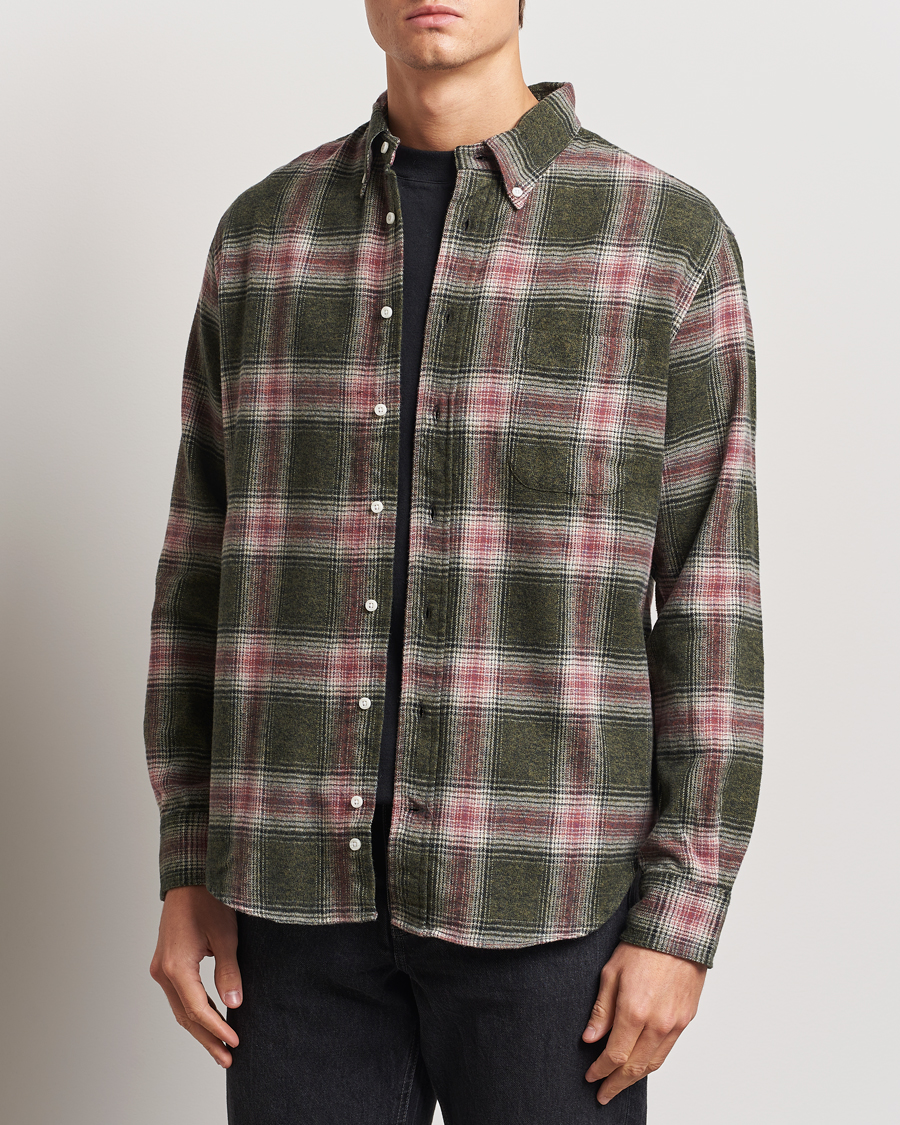 Herre | Skjorter | Gitman Vintage | Button Down Brushed Flannel Shirt Olive Check