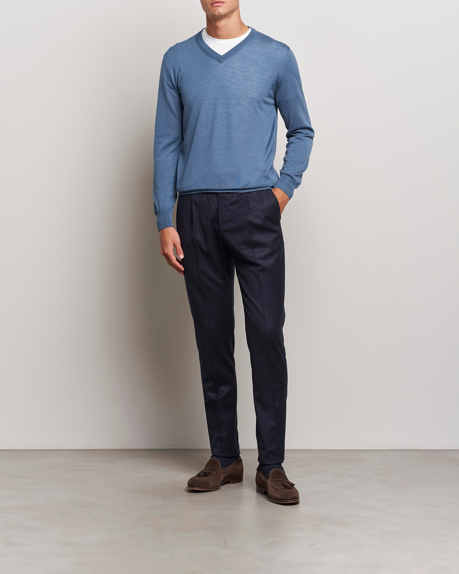 Herre | Bukser | PT01 | Slim Fit Pleated Flannel Trousers Navy