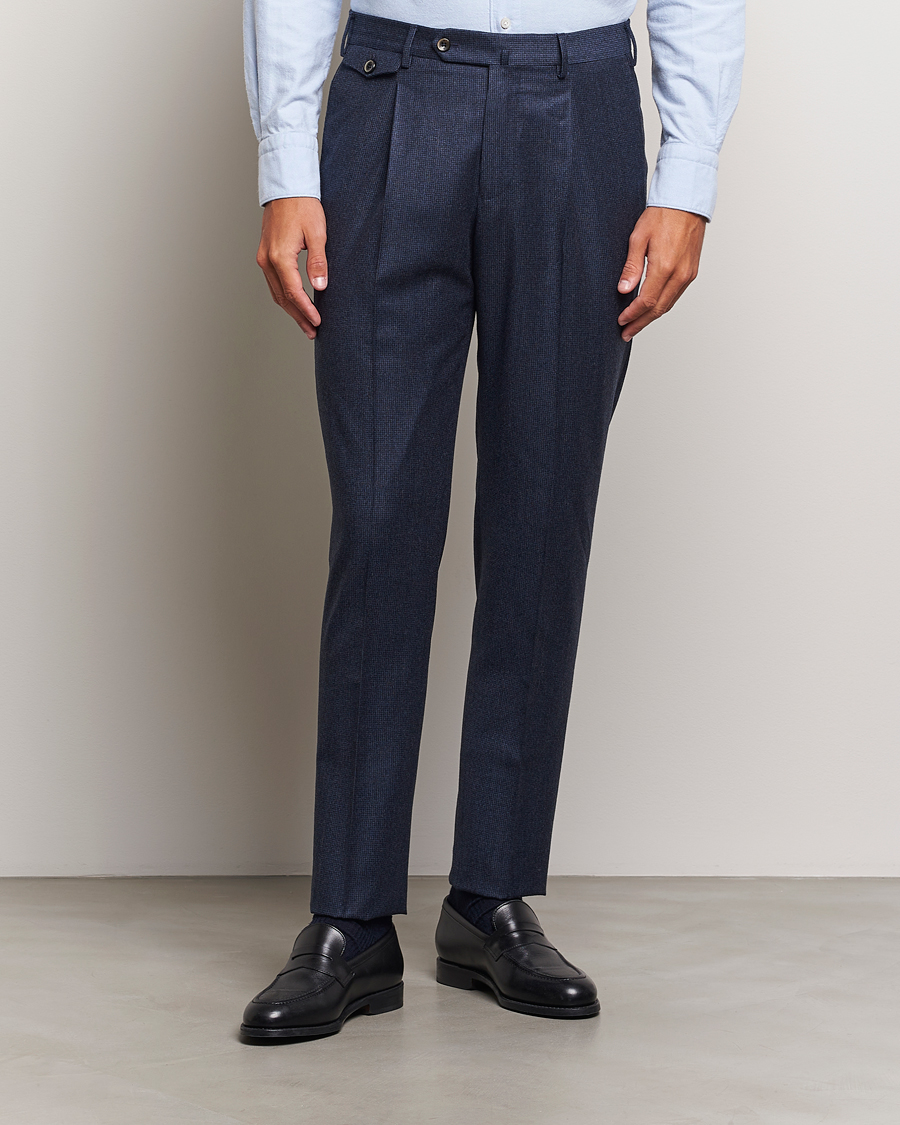 Herre | Bukser | PT01 | Slim Fit Pleated Houndstooth Flannel Trousers Navy