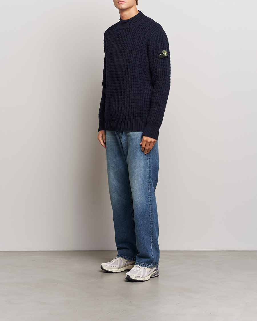 Herre | Trøjer | Stone Island | Checkered Rib Stich Wool Mock Neck Navy Blue