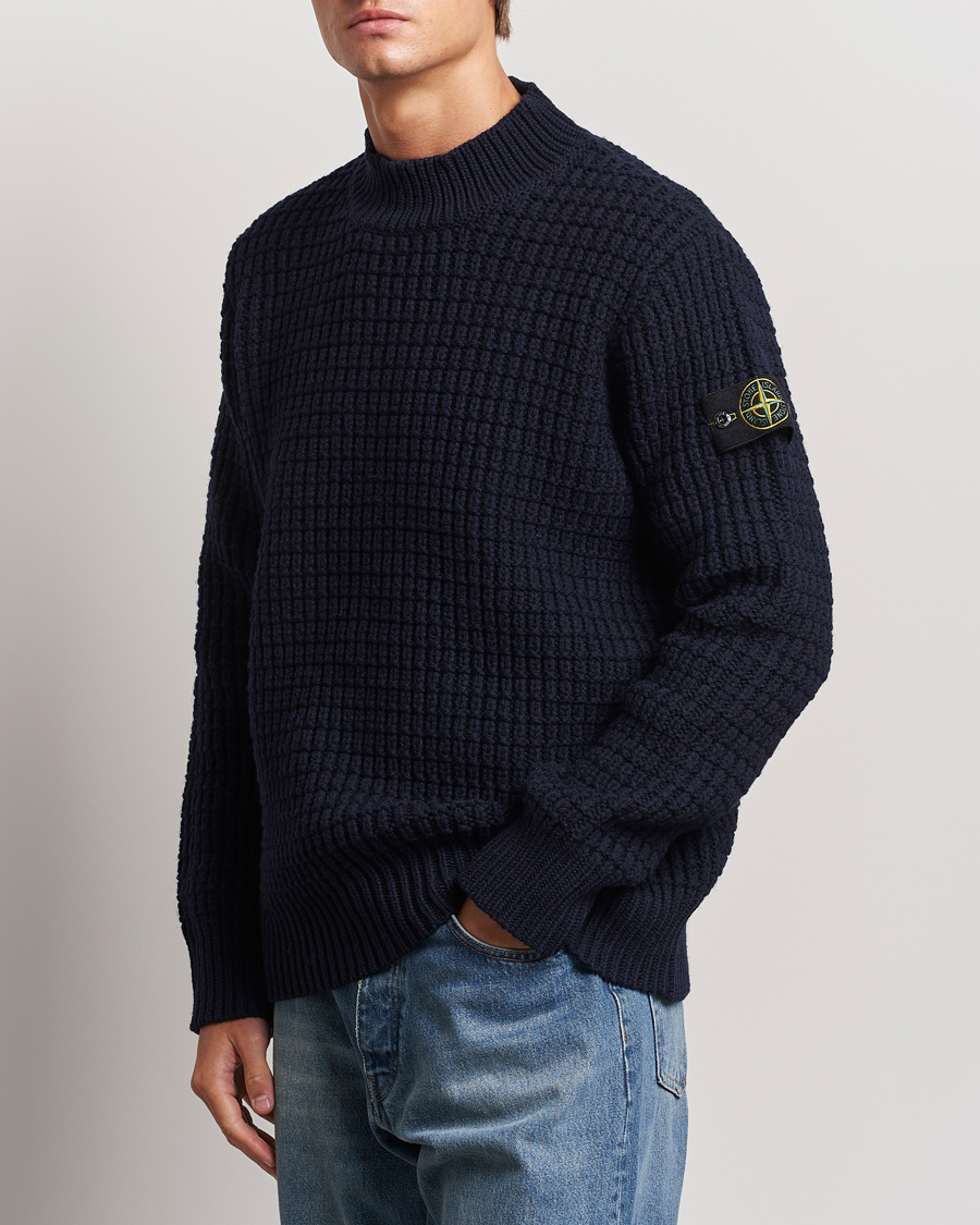 Herre | Trøjer | Stone Island | Checkered Rib Stich Wool Mock Neck Navy Blue