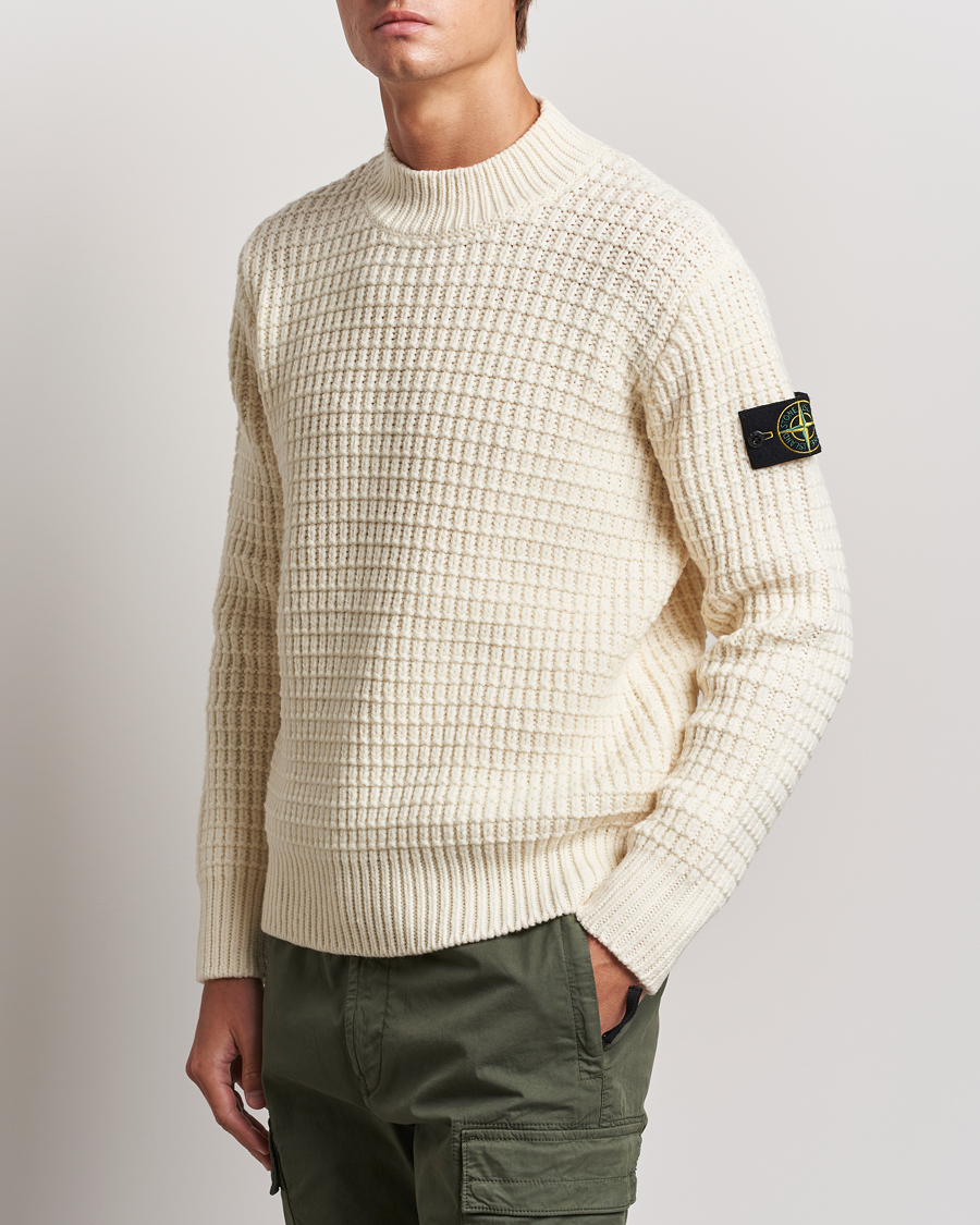 Herre | Trøjer | Stone Island | Checkered Rib Stich Wool Mock Neck Natural