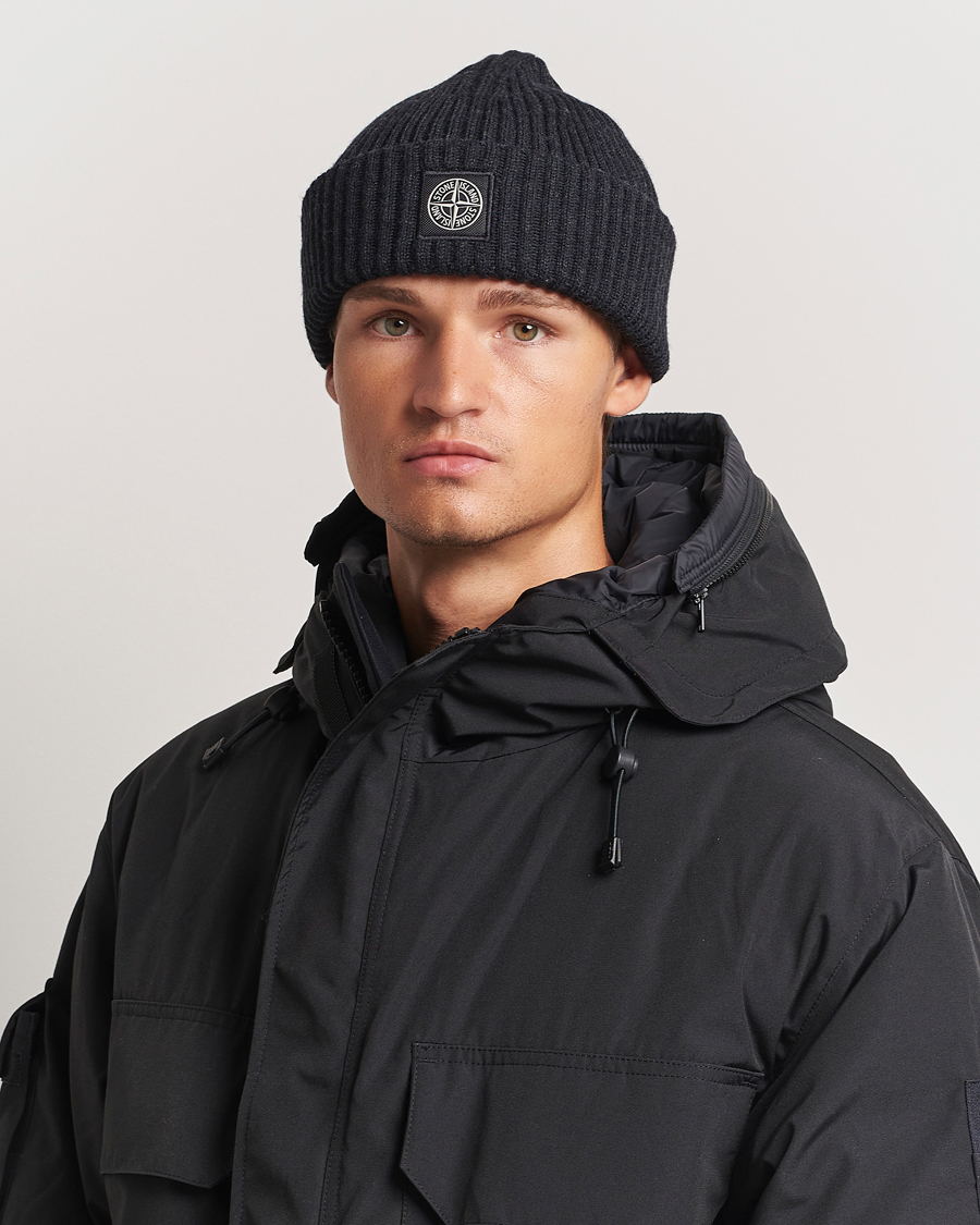 Herre | Stone Island Full Rib Wool Beanie Melange Charcoal | Stone Island | Full Rib Wool Beanie Melange Charcoal